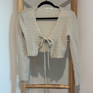 12th Tribe Beige Ribbed Tie-Front Crop Top